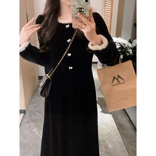 安璃 赫本风加绒内里复古氛围感蝴蝶结收腰显瘦小黑裙丝绒连衣裙