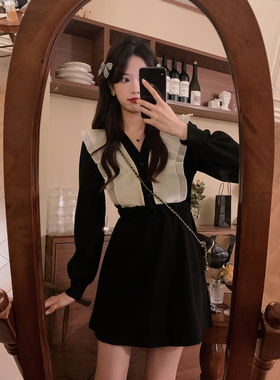 安璃 ANLI 撞色荷叶边小黑裙复古浪漫赫本风法式连衣裙新款