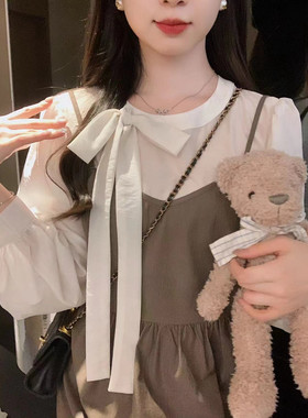 安璃 文艺感绑带拼接假两件咖色连衣裙秋冬百搭叠穿温柔气质长裙