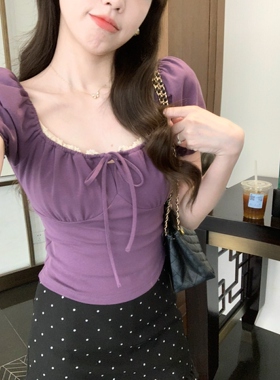 安璃 甜美小众褶皱感显白方领紫色上衣