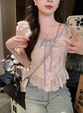 安璃 紫色浪漫~法式温柔甜美晕染碎花刺绣方领上衣显白仙气衬衫