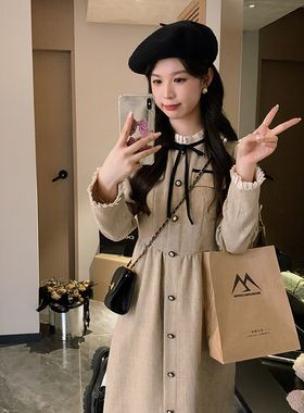 安璃 ANLI 奶咖色复古小香风花边拼接绑带连衣裙甜美小千金长裙