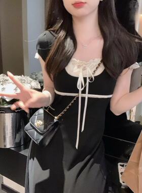 安璃 ANLI 小香风撞色花边小黑裙甜妹复古法式小个子显瘦连衣裙