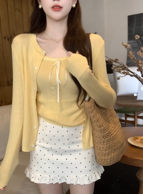安璃 明媚少女甜美气质简约背心+开衫两件套