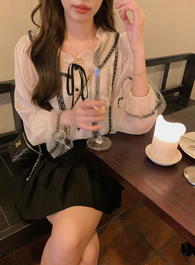 安璃 ANLI 法式甜美花边宽松撞色蕾丝衬衫打底小吊带背心两件套