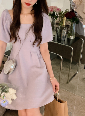 安璃 ANLI 淡紫色点点方领连衣裙收腰褶皱设计感甜美少女短裙新款