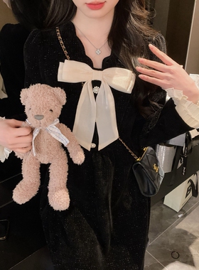 安璃 小香风秋冬洋气细闪百搭显瘦复古撞色蝴蝶结花边V领领连衣裙