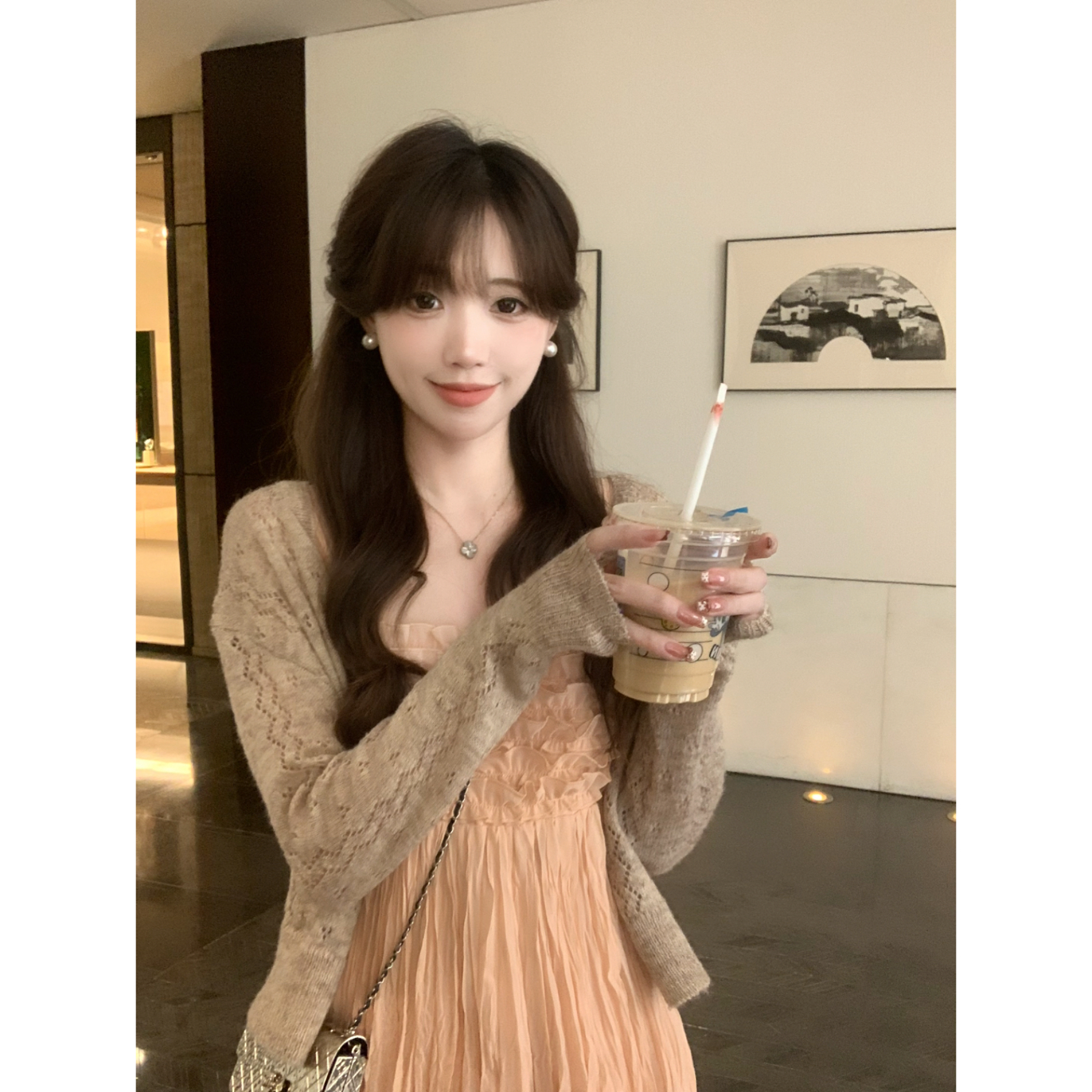 安璃 藕粉色复古千金风重工木耳边吊带裙镂空针织开衫新款 分开拍