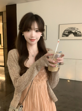 安璃 藕粉色复古千金风重工木耳边吊带裙镂空针织开衫新款 分开拍