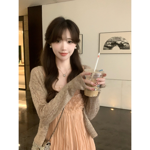 分开拍 新款 安璃 藕粉色复古千金风重工木耳边吊带裙镂空针织开衫