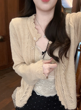 安璃 小香风甜美花边针织开衫早春新款气质长袖修身温柔钩花上衣