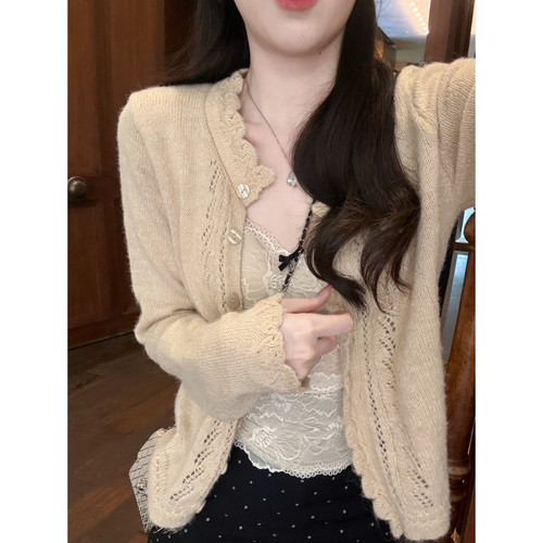 安璃 小香风甜美花边针织开衫早春新款气质长袖修身温柔钩花上衣