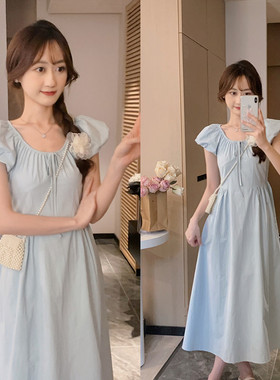 安璃 简约气质甜美绑带水蓝色连衣裙