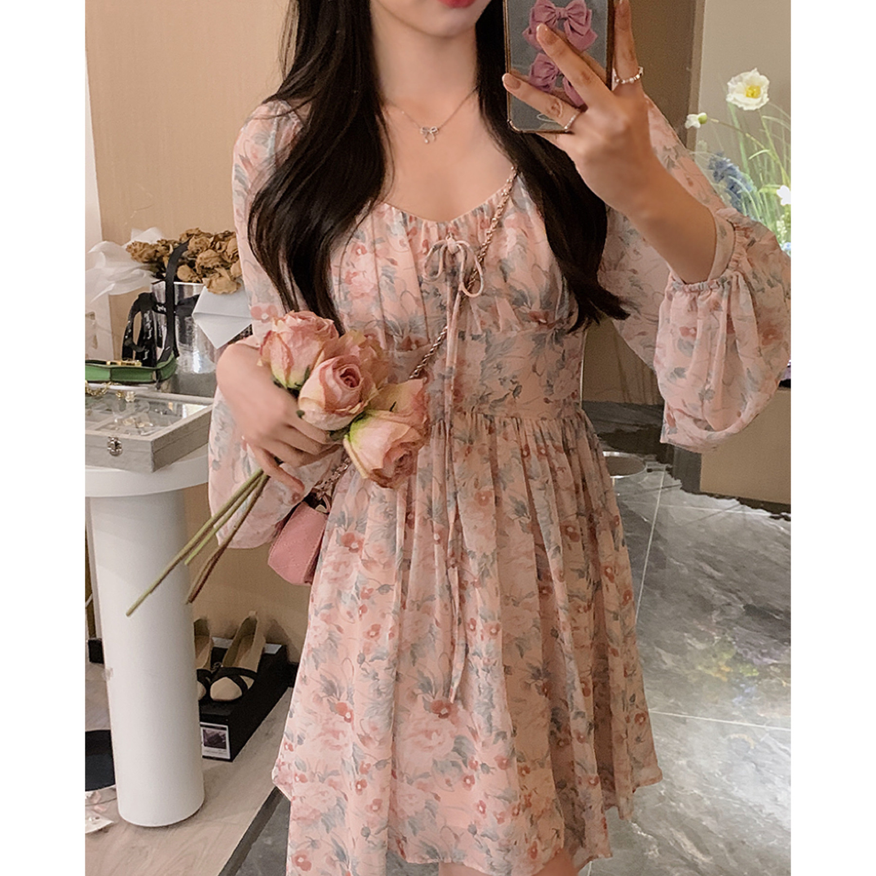 安璃 ANLI 桃心领浪漫缤纷油画碎花连衣裙显瘦少女感仙气短裙,女装/女士精品,时尚套装,淘宝优惠券,粉丝福利购,淘宝优惠卷