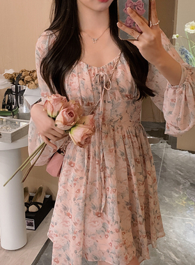 安璃 ANLI 桃心领浪漫缤纷油画碎花连衣裙显瘦少女感仙气短裙