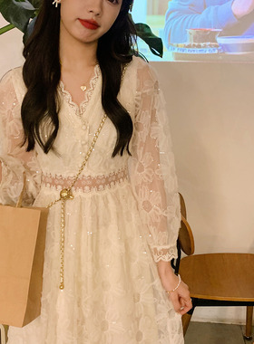 安璃 ANLI 仙气亮片蕾丝裙温柔重工气质珍珠纱连衣裙2022年新款