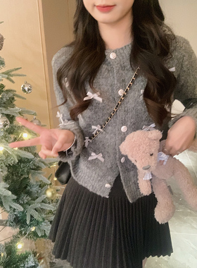 安璃 甜美精致蝴蝶结高级灰毛衣宽松百搭显瘦针织开衫2023年新款