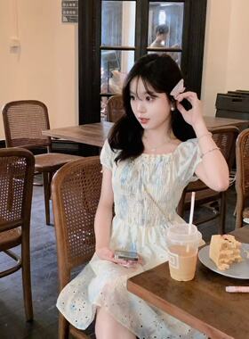 安璃 2024年新款精致镂空刺绣蓝色碎花连衣裙韩系收腰显瘦短裙