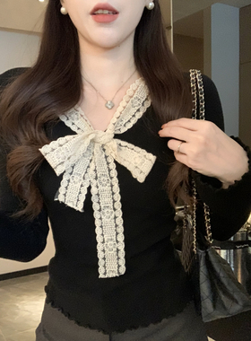 安璃 蕾丝花边拼接蝴蝶结简约精致针织衫黑色显瘦秋冬毛衣上衣