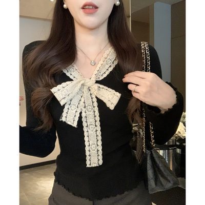 蕾丝花边拼接蝴蝶结针织衫