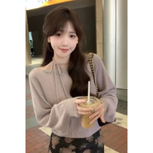 安璃 甜美气质香芋紫设计感圆领宽松毛衣