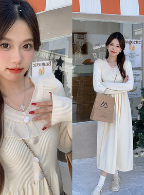 安璃 宫廷风荷叶边收腰针织裙气质温柔百搭显瘦连衣裙2023年新款