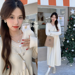 安璃 宫廷风荷叶边收腰针织裙气质温柔百搭显瘦连衣裙2023年新款