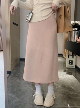 安璃 秋冬显瘦高腰A字开叉毛呢中长款松紧腰半身裙