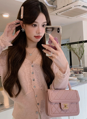 安璃 2024年新款春季睫毛蕾丝花边V领拼接针织衫气质甜美仙气上衣