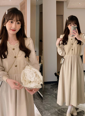 安璃 ANLI 温柔风刺绣钩花针织拼接连衣裙收腰气质撞色长裙新款