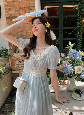 安璃 ANLI 蕾丝花边翻领拼接设计收腰仙气连衣裙温柔气质蓝色长裙