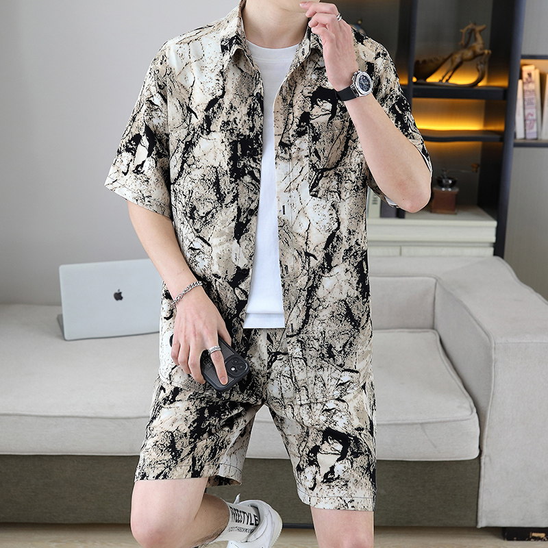 冰丝衬衫套装男士夏季薄