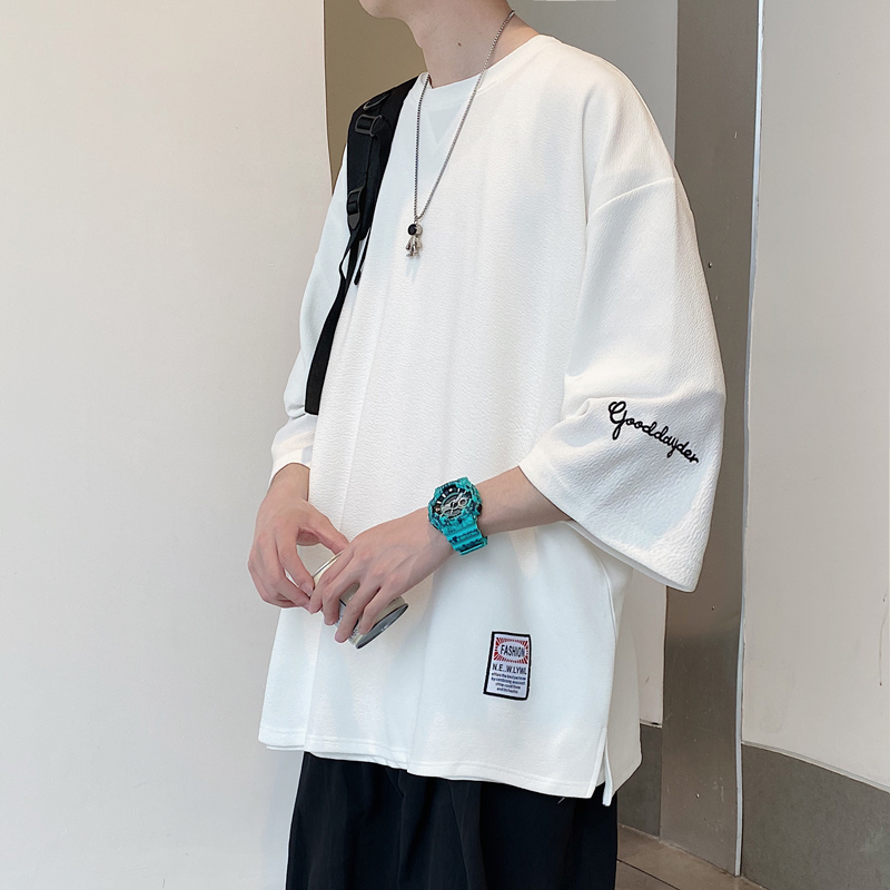 刺绣七分袖t恤男短袖潮牌