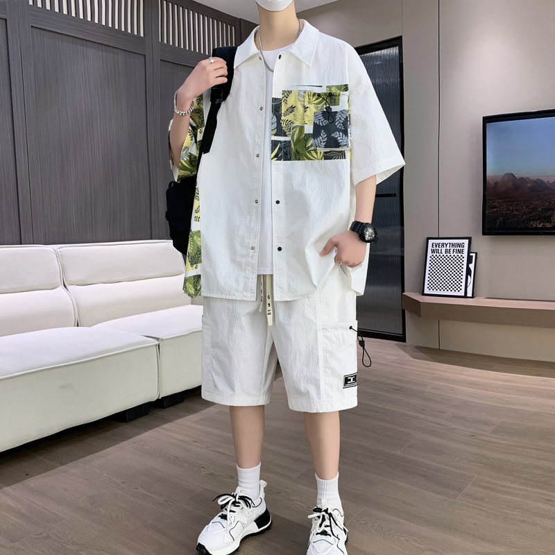 冰丝衬衫套装男夏季潮牌