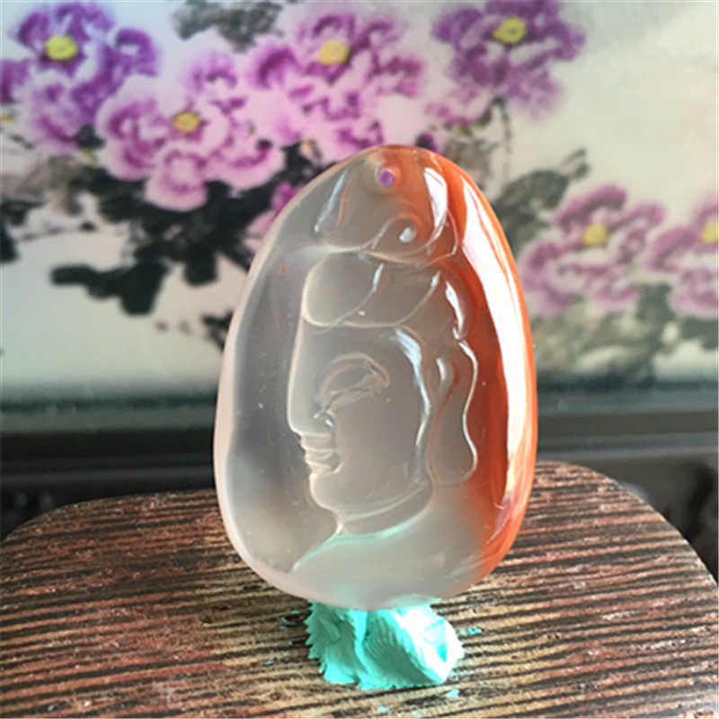 天然川料南红玛瑙美女吊坠雕件 冰飘观音雕刻挂饰项坠