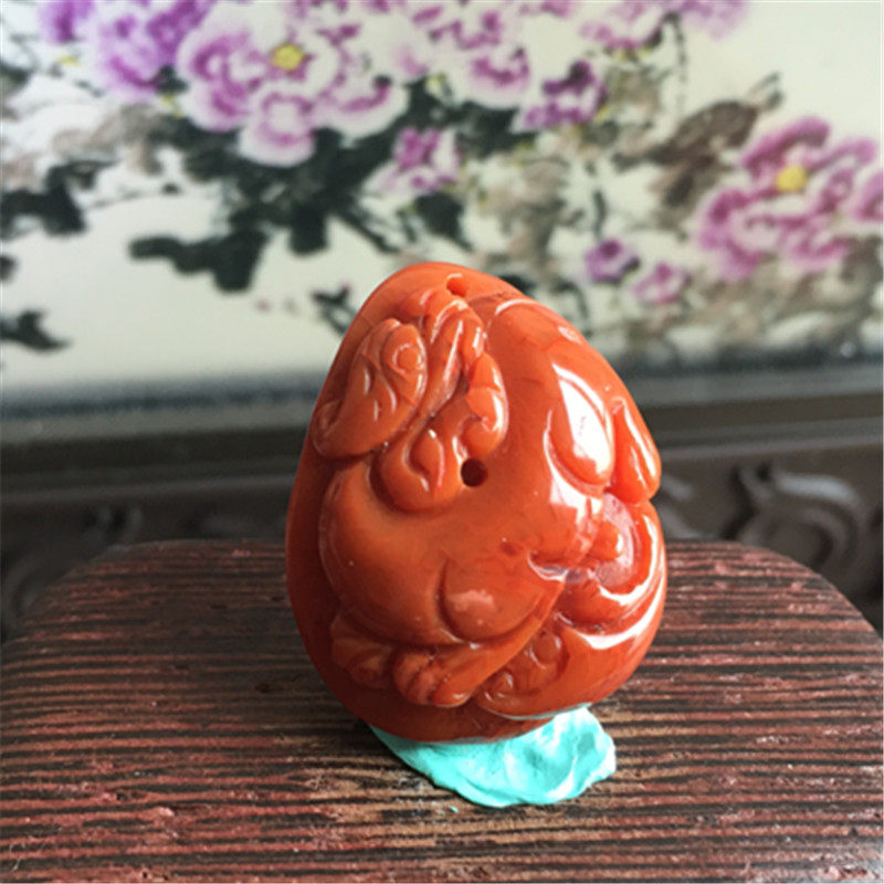 天然川料南红玛瑙貔貅吊坠雕件 柿子红玉石瑞兽雕刻挂饰项坠