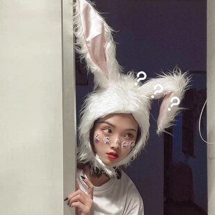 长耳朵兔子帽子林小宅抖音同款网红拍照可爱毛绒白兔头套帽子女