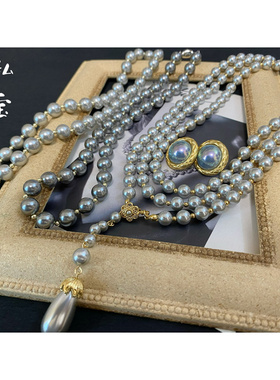 予 1652复古Vintage中古款灰色正圆珍珠耳钉项链毛衣链套装 包邮