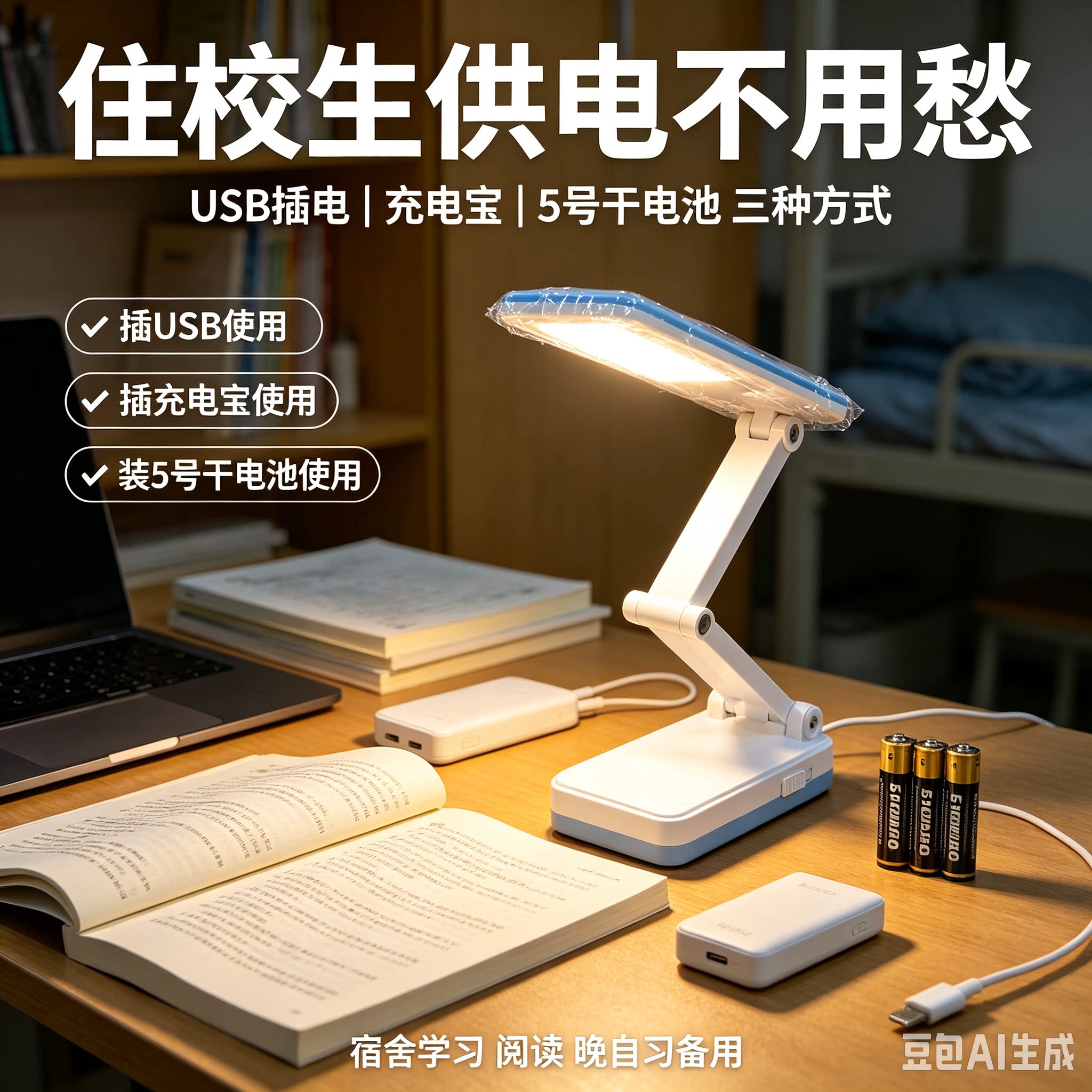 5号干电池台灯学生宿舍超长续航住校高中护眼折叠便携USB供电灯