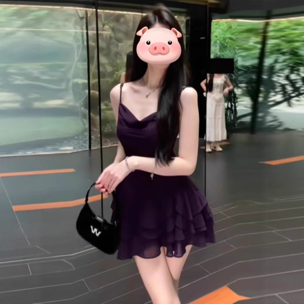 紫色荡领雪纺吊带连衣裙女夏名媛包臀裙高冷御姐风一字肩抹胸