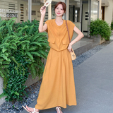 橘色超好看短袖上衣半身裙套装女2025夏新款松弛感宽松休闲两件套，女装套装/套裙，浙宝170