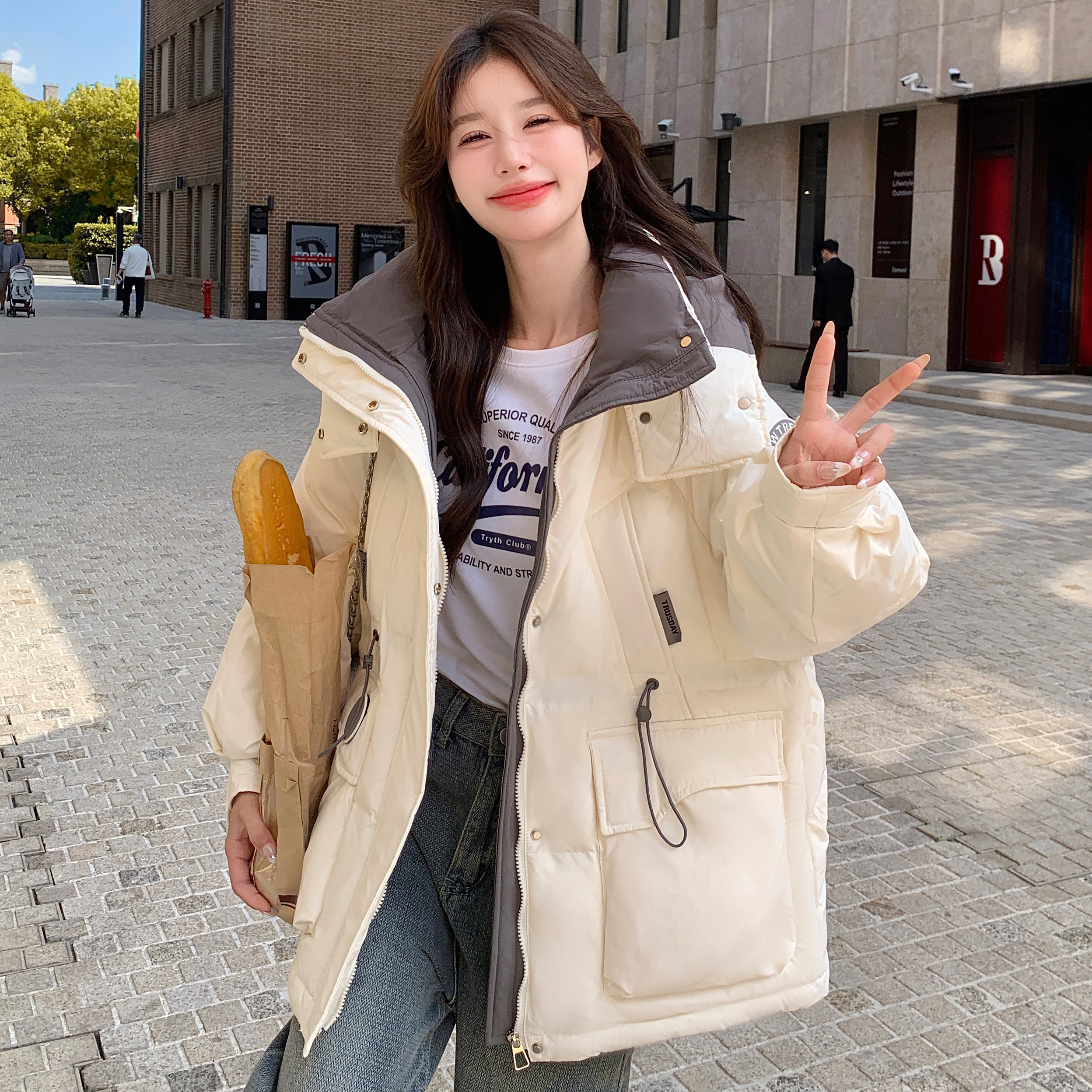 现货50绒工装风两色撞色连帽羽绒服170A-2369-P265-K388，女装羽绒服，浙宝170