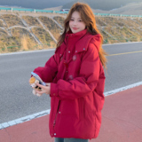 25冬新红色牛角扣连帽中长款羽绒棉棉服外套170-2590-P225-K328，女装棉衣/棉服，浙宝170