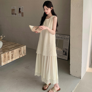 米白色温柔风无袖连衣裙女2025夏季新款高级感气质宽松遮肉背心裙图片