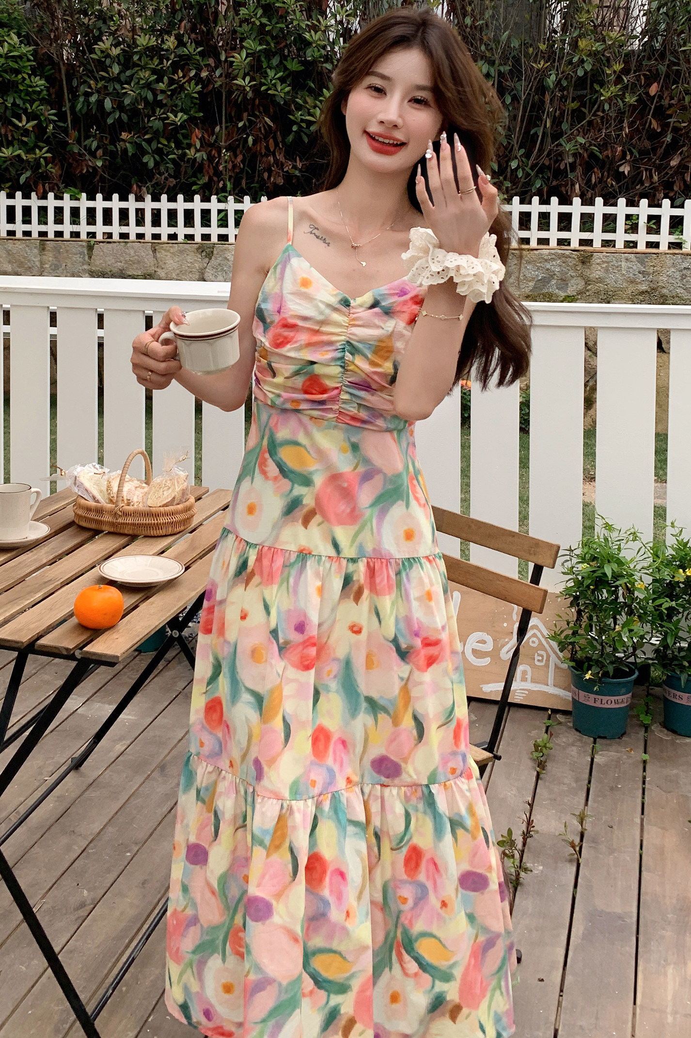 茶歇法式油画吊带连衣裙开衫夏季新款碎花显瘦长裙女,女装连衣裙,浙宝170