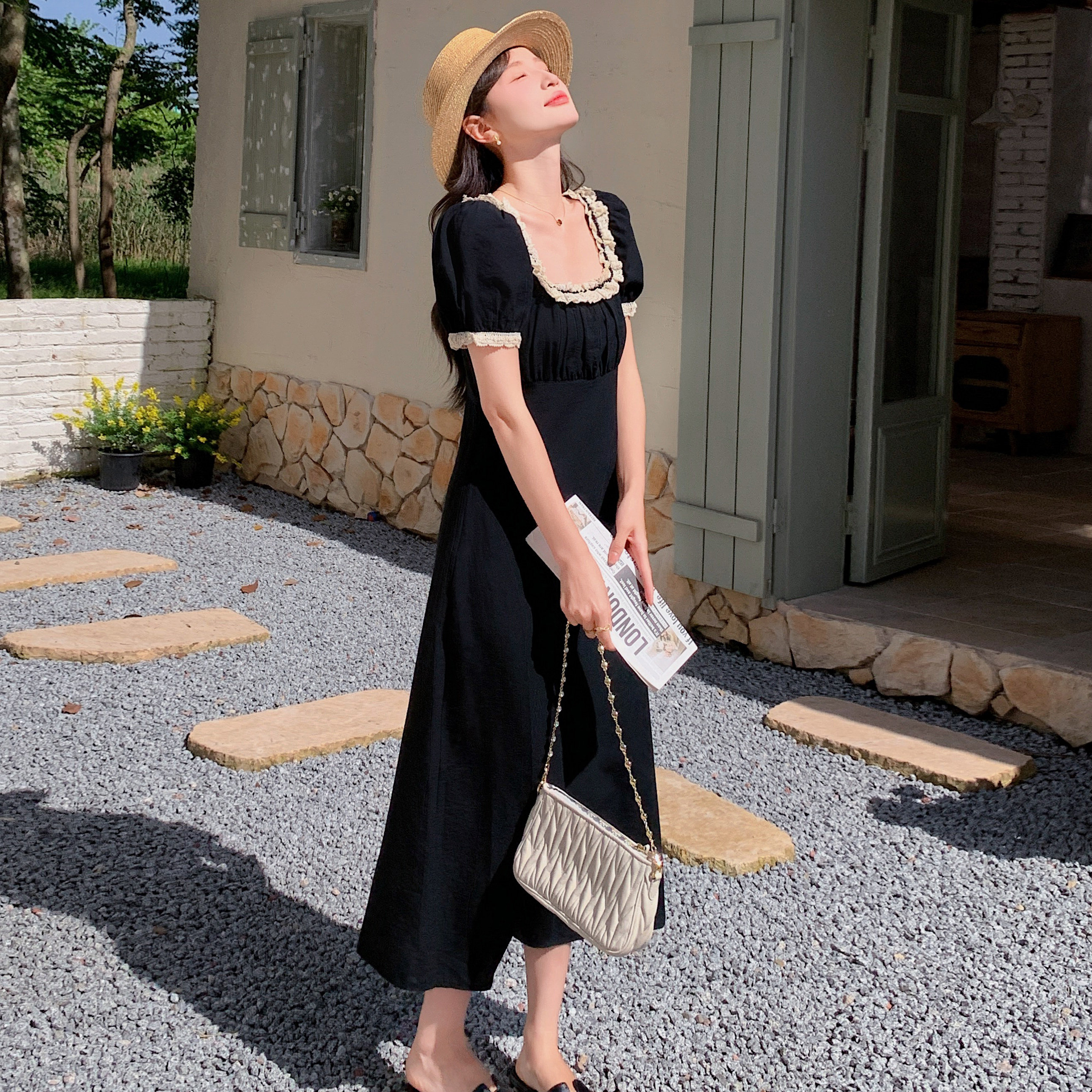 法式气质赫本风方领连衣裙女2025夏季新款韩版收腰显瘦茶歇长裙子,女装连衣裙,浙宝170
