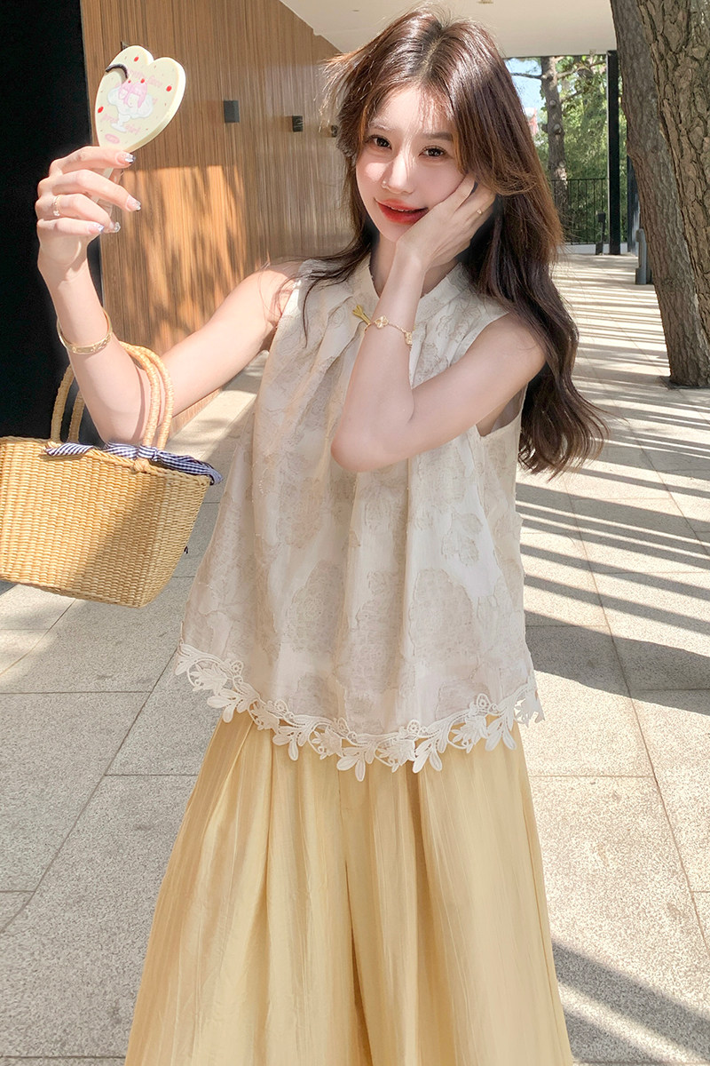 新中式花边背心阔腿裤套装女2025年夏季新款气质显瘦超好看两件套,女装套装/套裙,浙宝170