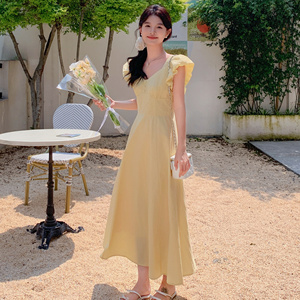 法式甜美后背蝴蝶结连衣裙女2025夏季新款韩版收腰显瘦茶歇长裙子图片