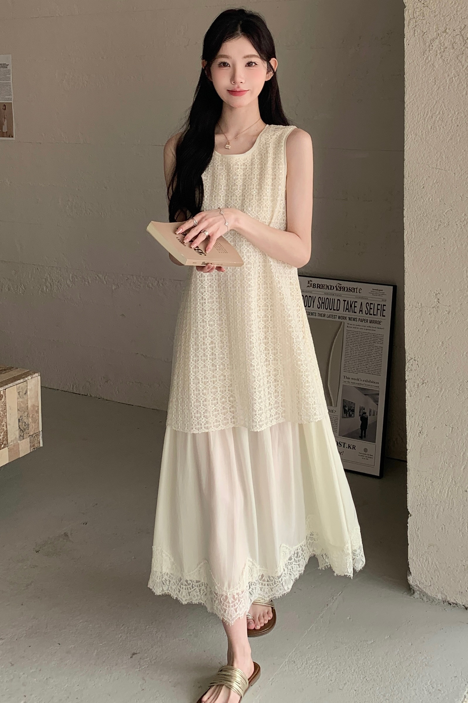米白色温柔风无袖连衣裙女2025夏季新款高级感气质宽松遮肉背心裙,女装连衣裙,浙宝170