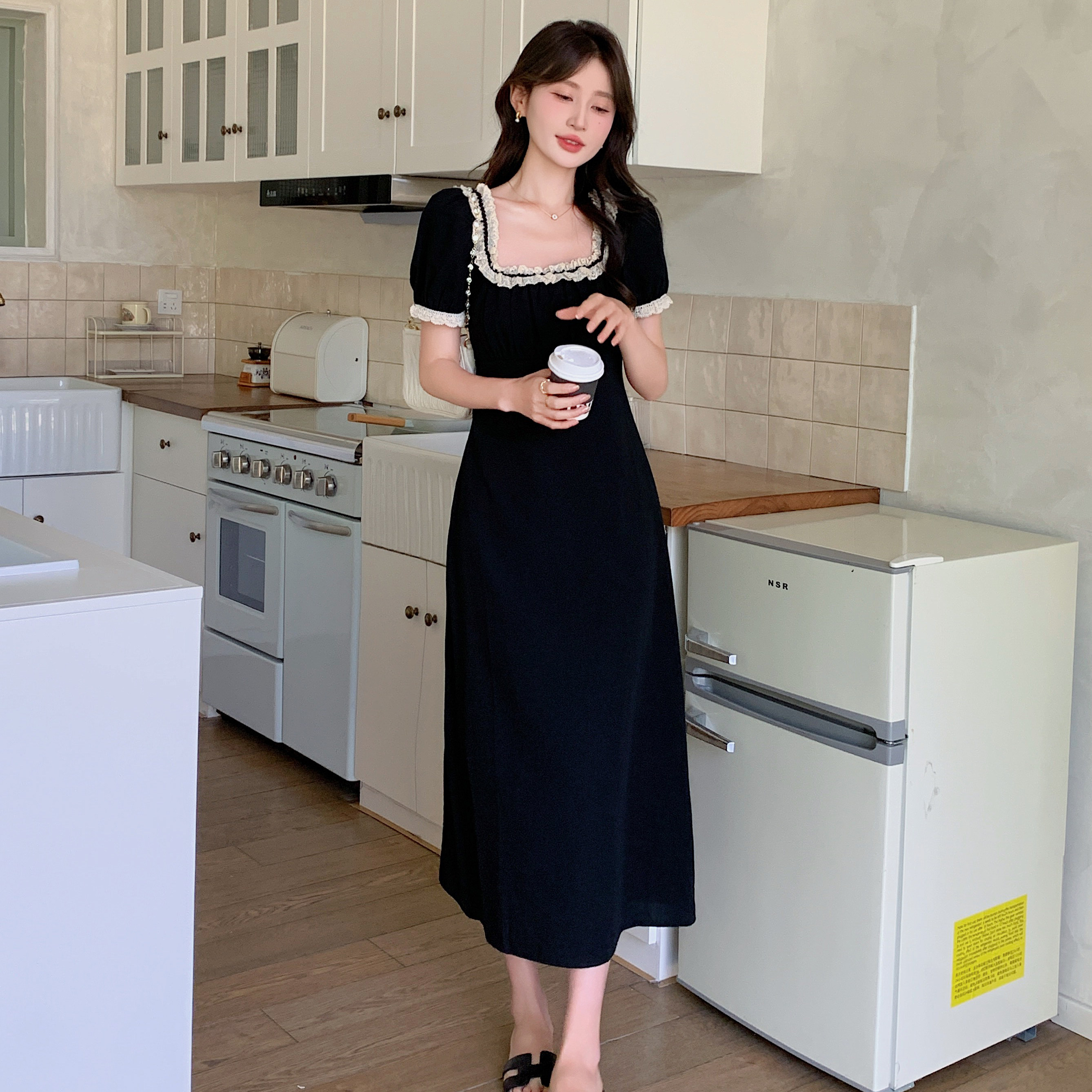 法式气质赫本风方领连衣裙女2025夏季新款韩版收腰显瘦茶歇长裙子,女装连衣裙,浙宝170